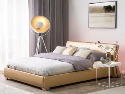 Vandseng med LED Ægte læder PARIS 140 x 200 cm Guld