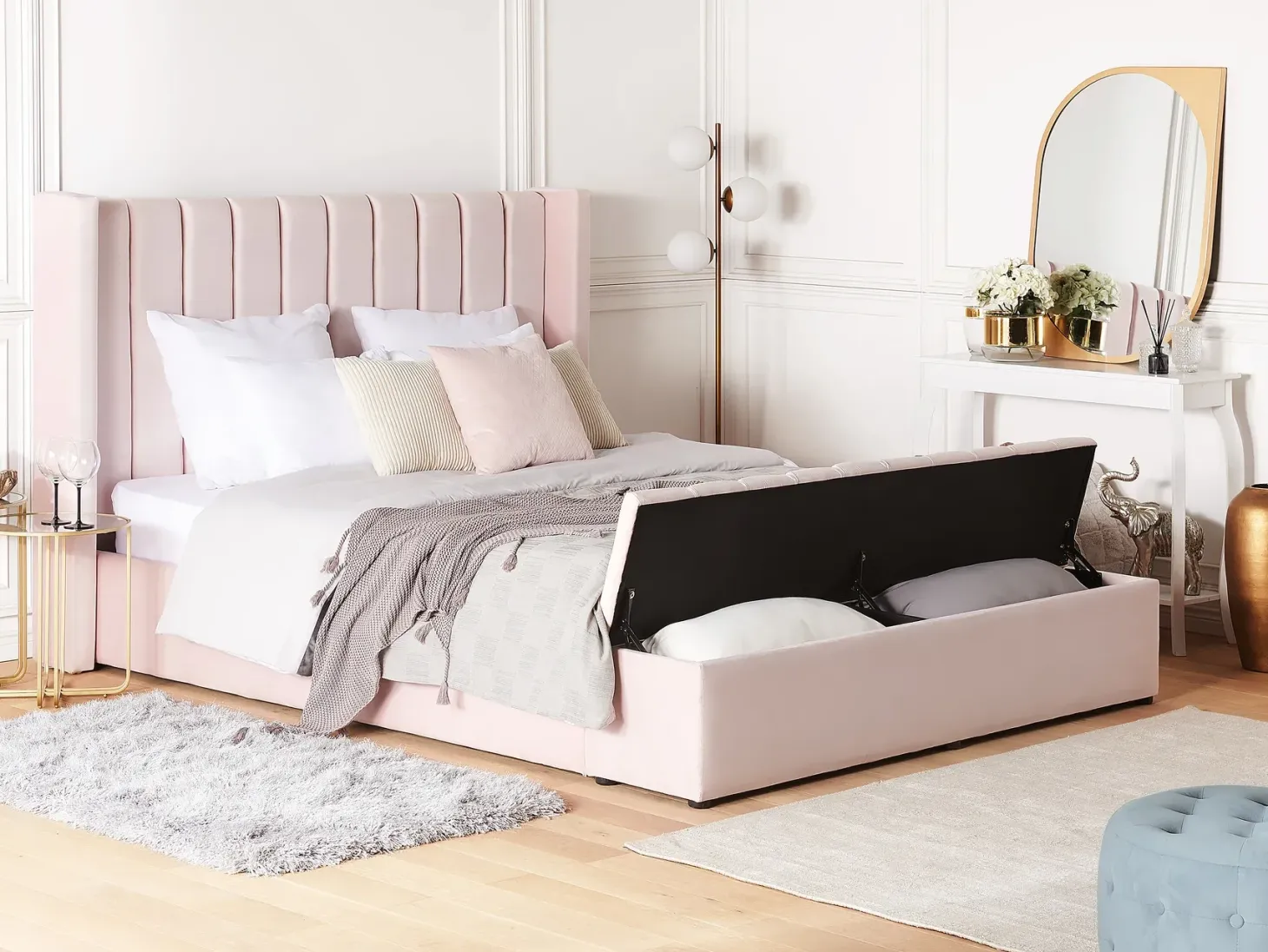 Vandseng med opbevaringsbænk Velour NOYERS 180 x 200 cm Pastellrosa