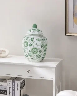 Vase med låg FERROL Porcelæn 29 cm Hvid/ Grøn