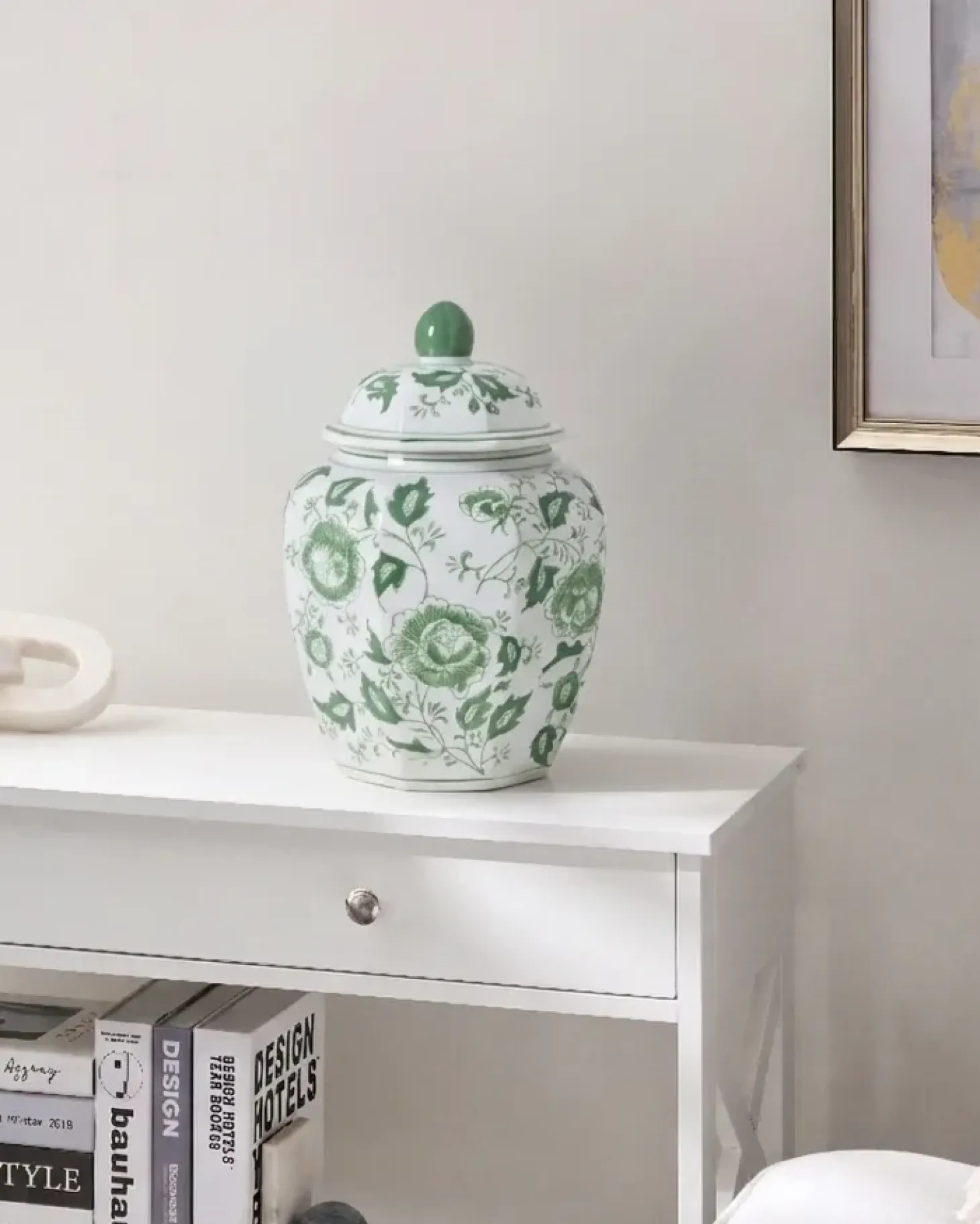 Vase med låg FERROL Porcelæn 29 cm Hvid/ Grøn