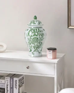 Vase med låg MONDRAGON Porcelæn 37 cm Hvid/ Grøn