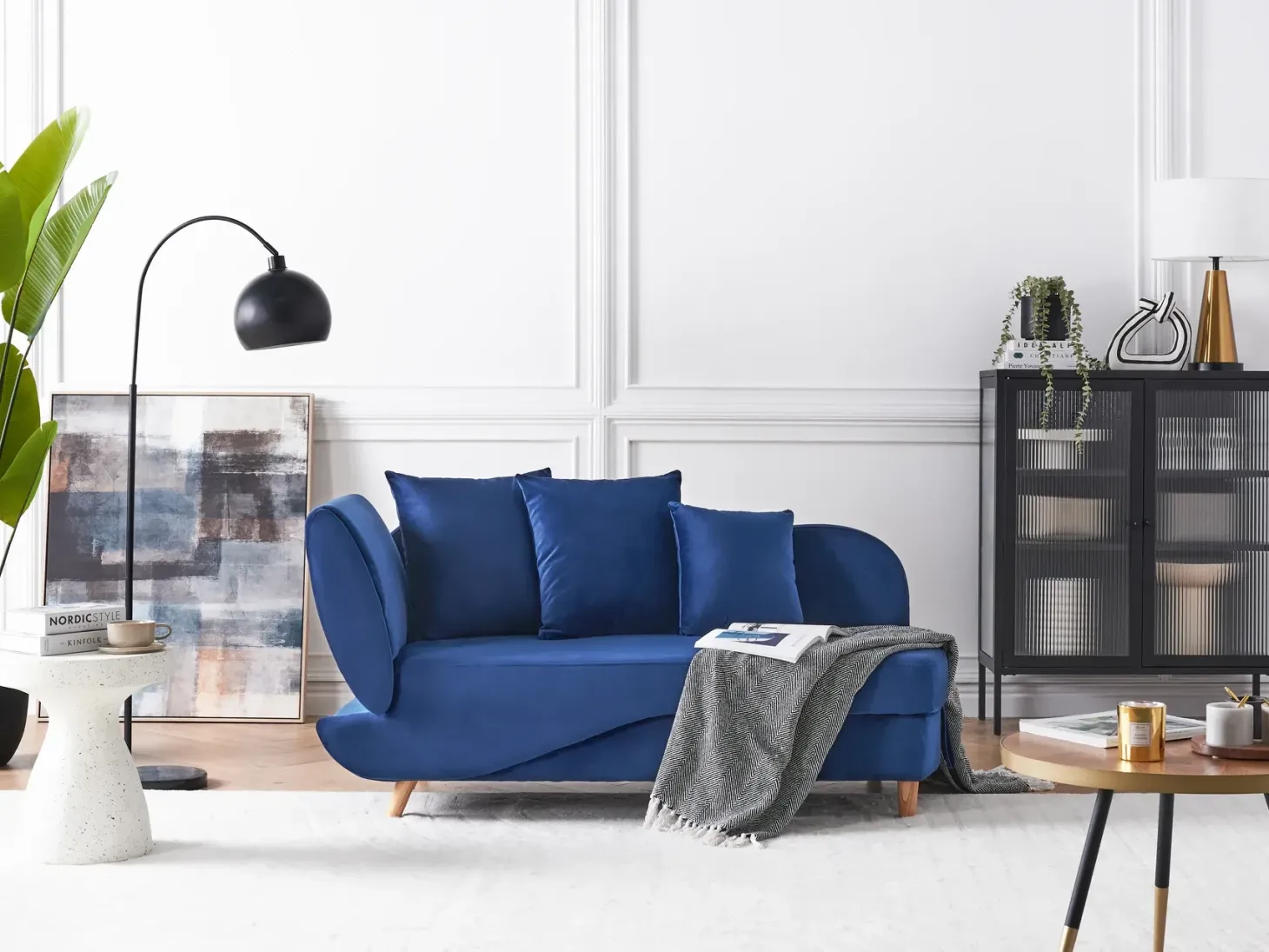 Venstrevendt chaiselong MERI Velour Navy Blå med opbevaring