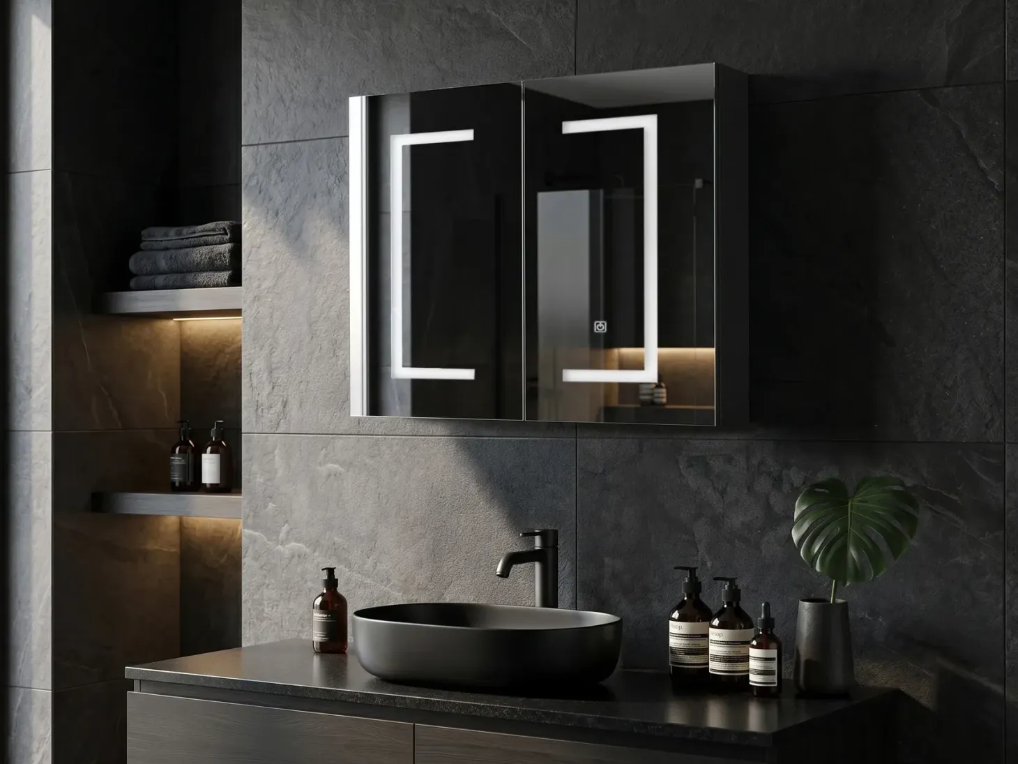 Vægmonteret spejlskab til badeværelset LED MAZARREDO 60 cm 60 cm Sort