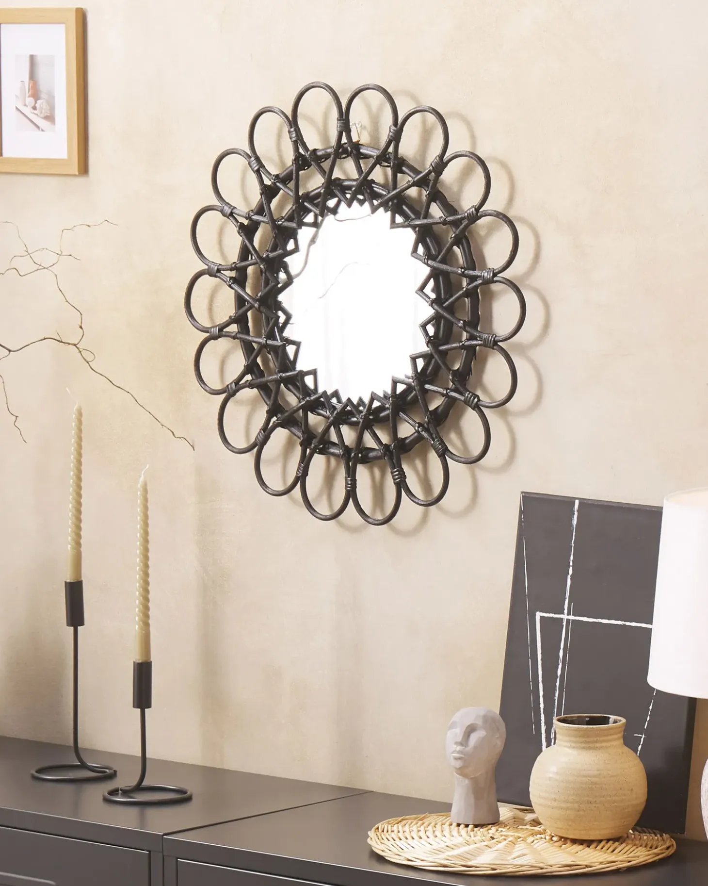 Vægspejl BABAI 60 cm 60 cm Rattan Sort
